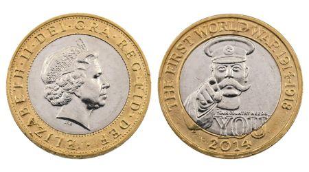 Thumbnail image of 2014 Lord Kitchener Mule Error £2 Coin with obverse and reverse.