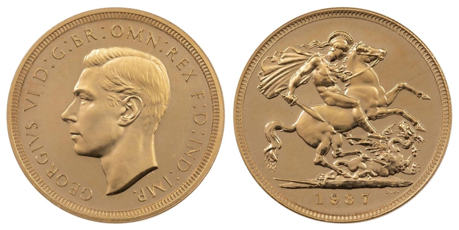 1937 gold Sovereigns feature a portrait of King George VI on one side and a Saint George and the dragon design on the other. 1937 gold Sovereigns feature a portrait of King George VI on one side and a Saint George and the dragon design on the other.