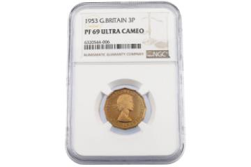 1953 Queen Elizabeth II proof nickel brass Threepence, graded PF 69 Ultra Cameo by NGC (S 4152).