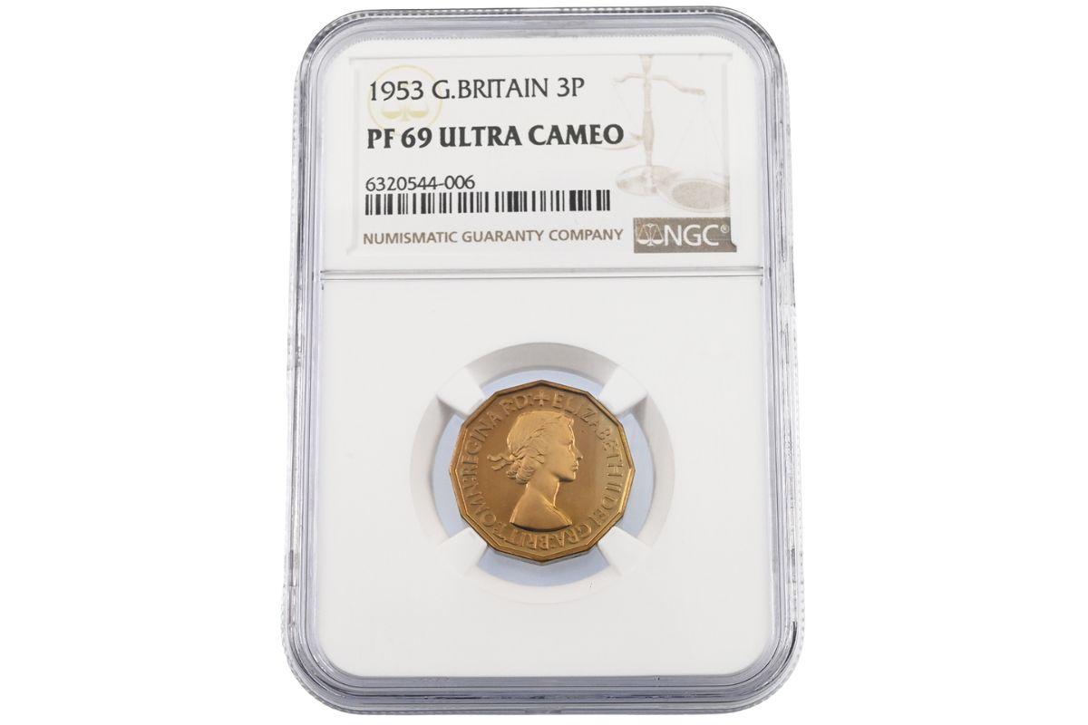1953 Queen Elizabeth II proof nickel brass Threepence, graded PF 69 Ultra Cameo by NGC (S 4152).