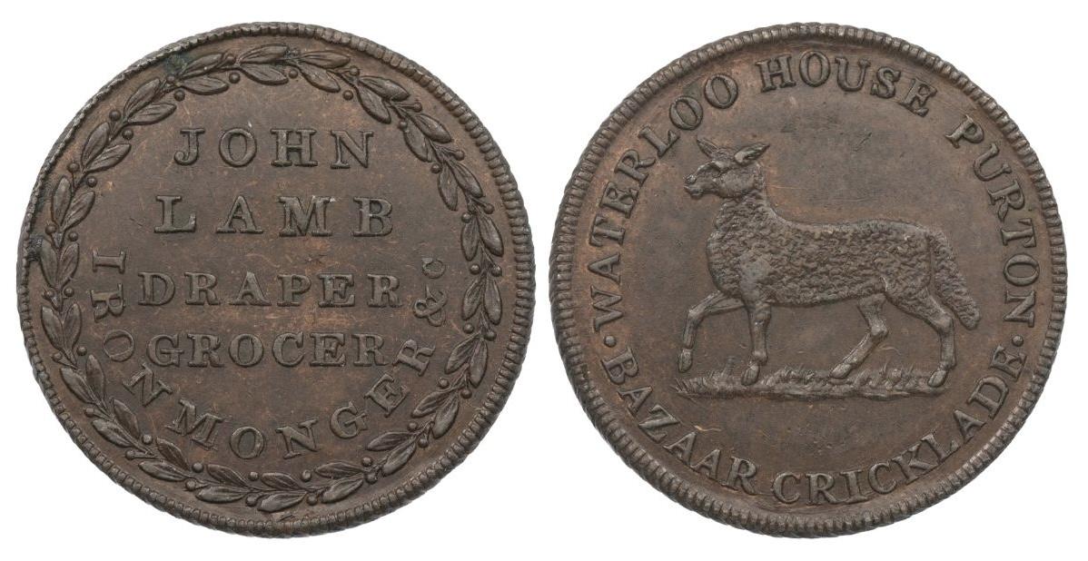 The sale includes several examples of tokens issued successively by John Lamb and then William Lamb, both grocers and drapers operating in Cricklade, Purton and Wootton Bassett. Each proudly bears the image of a lamb, a clever branding device that makes t