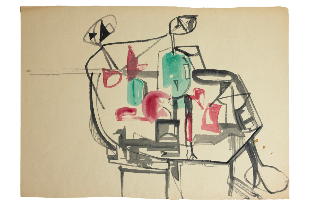 Two Figures in a Car, ink, by George Fullard.