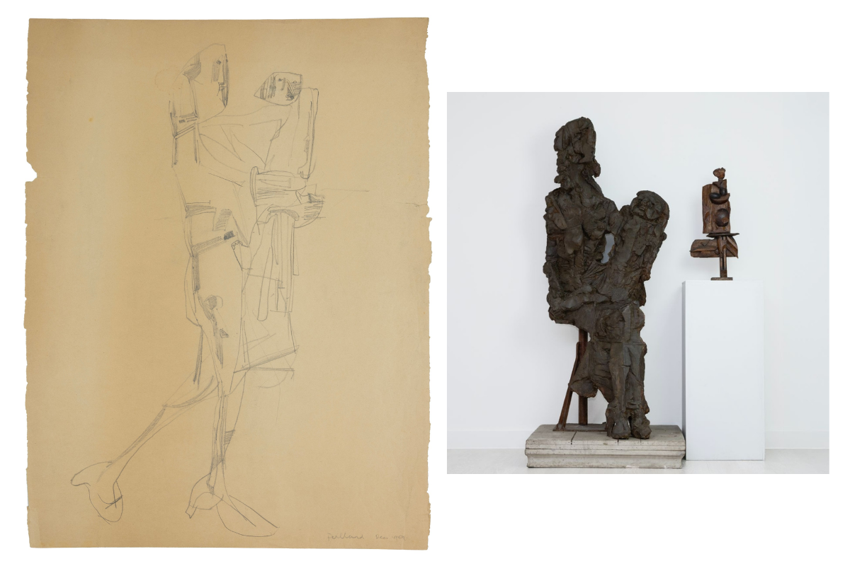 Mother and Child, pencil on paper, 1959 (left), and Mother and Child, plaster, 1958, with Pregnant Woman, wood assemblage, 1959 (right).